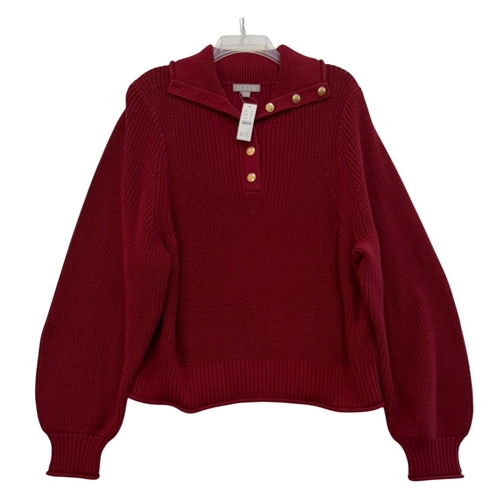 J.Crew Womens Burgundy Cotton Fisherman Sweater Gold Crest Button XL New‎